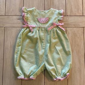 ZU by Petit Ami Green White Pink Gingham Watermelon One Piece Romper 12 Months